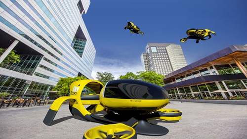 Artistic impression of a taxi drone (UAM) in the urban environment of Amsterdam (Credits: Royal NLR)